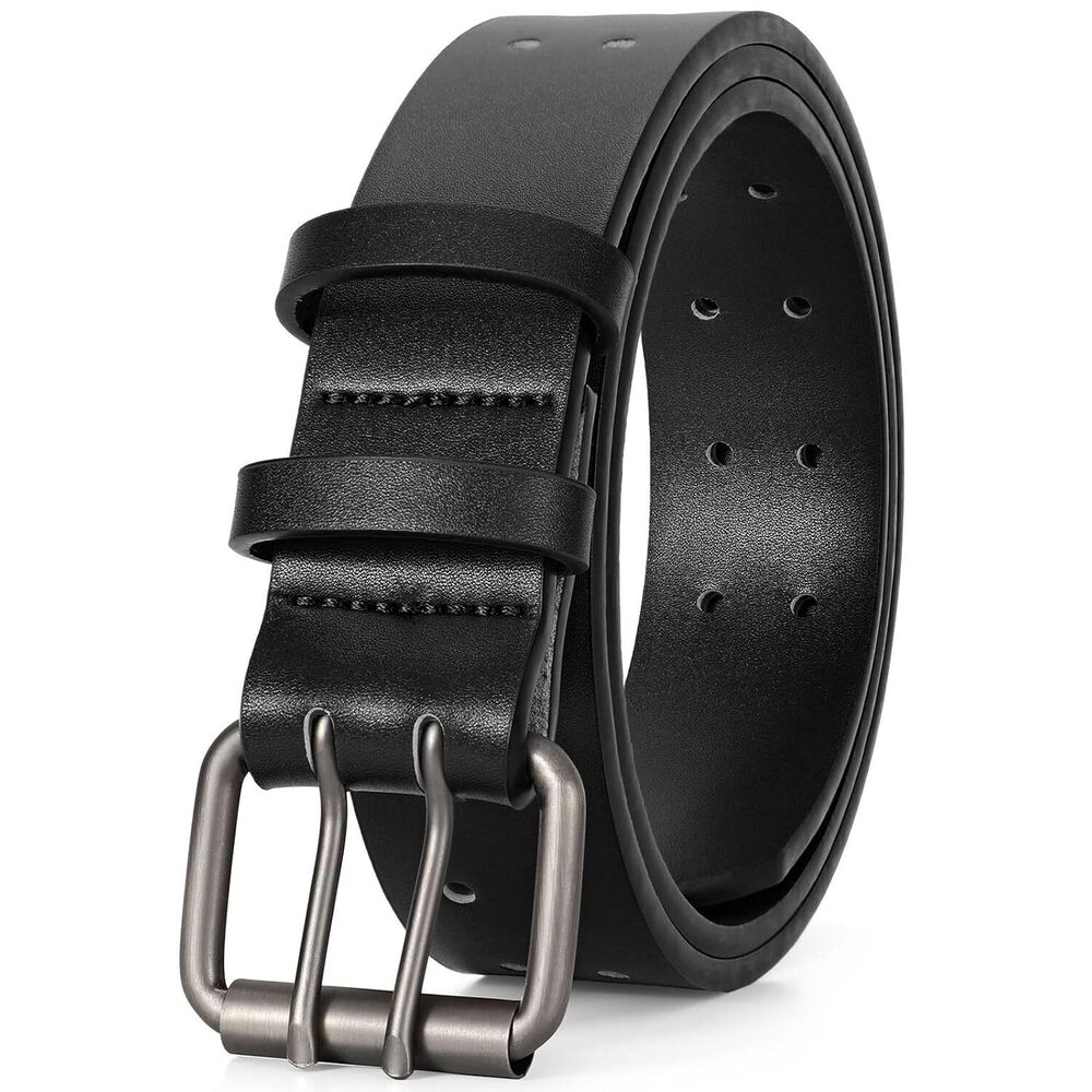 Heavy Duty Men's Belt Double Prong Black Leather Casual